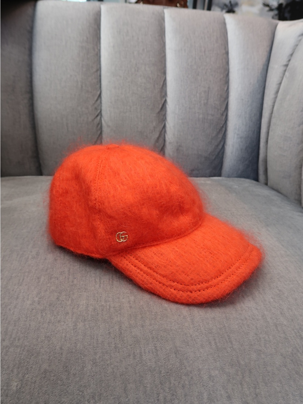 Gucci Orange Fuzzy Baseball Cap with Gold GG Emblem
